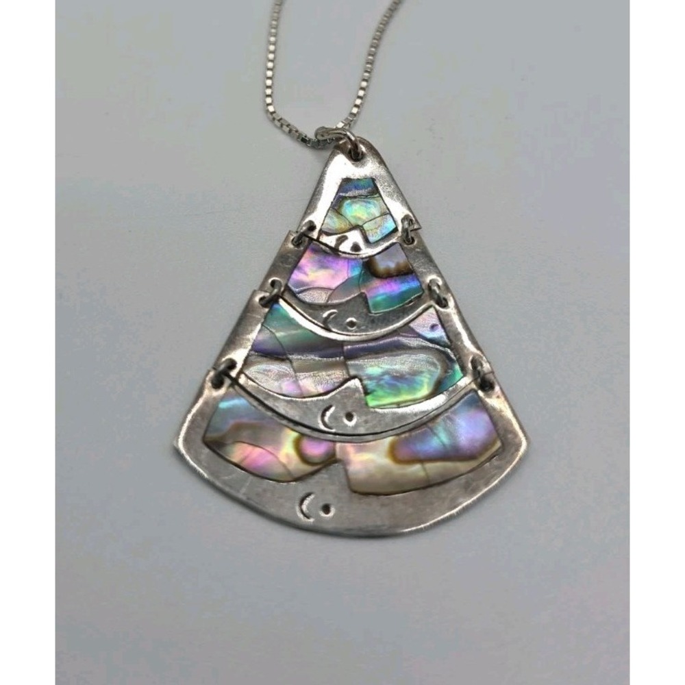 Vintage Mexican Sterling Silver Abalone Articulated Fan Pendant 24" Chain READ